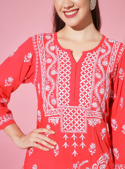 Librose Lucknowi Chikankari hand embroidered kurti for women (Red)