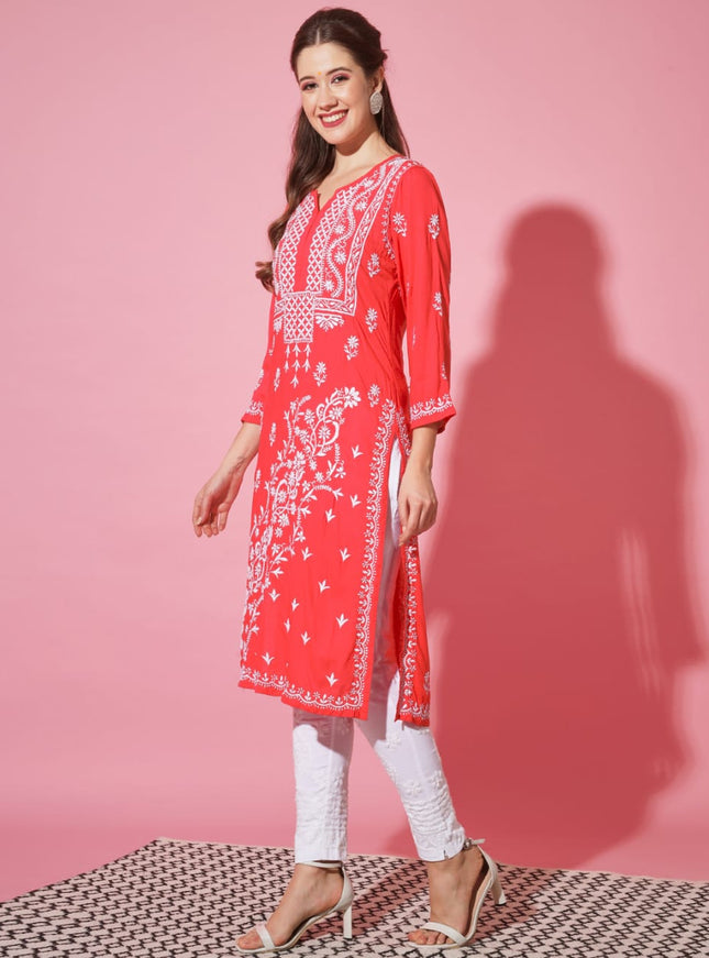 Librose Lucknowi Chikankari hand embroidered kurti for women (Red)