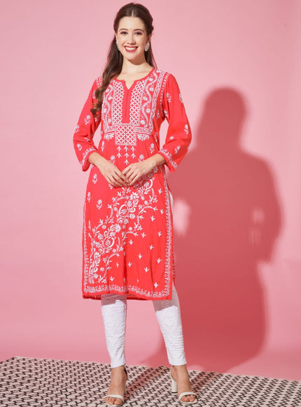 Librose Lucknowi Chikankari hand embroidered kurti for women (Red)