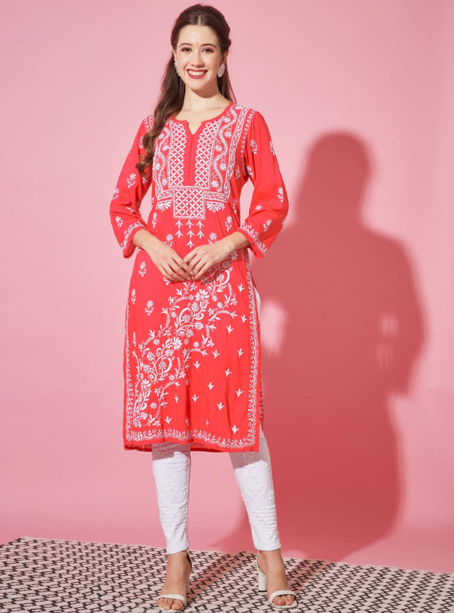 Librose Lucknowi Chikankari hand embroidered kurti for women (Red)