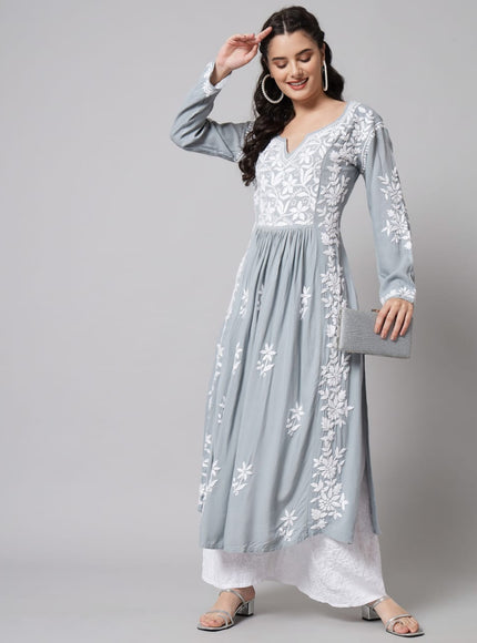 Librose Modal Reyon Grey Nyra look fine Lucknowi Chikankari Long Kurti