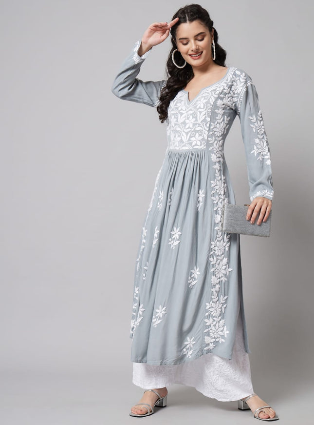 Librose Modal Reyon Grey Nyra look fine Lucknowi Chikankari Long Kurti