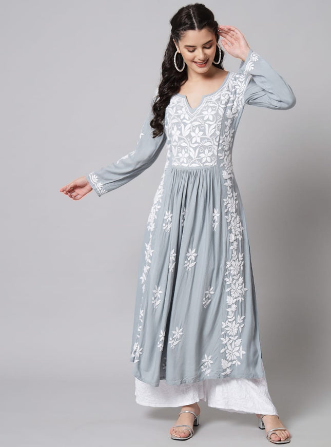Librose Modal Reyon Grey Nyra look fine Lucknowi Chikankari Long Kurti