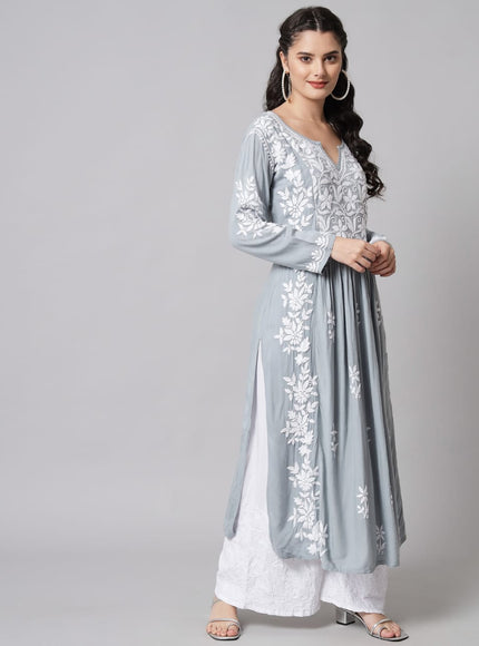 Librose Modal Reyon Grey Nyra look fine Lucknowi Chikankari Long Kurti