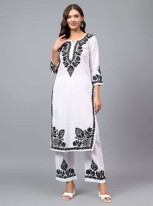 Pure Cotton Chikankari embroidered Kurta Plazzo Dupatta set for women | lucknowi Craft