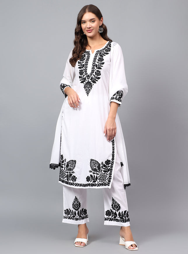 Pure Cotton Chikankari embroidered Kurta Plazzo Dupatta set for women | lucknowi Craft