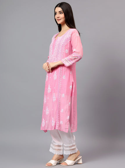 Pure Mal Chanderi Kurta embroidered  with lucknowi chikankari and beautiful Dardozi embellishment.