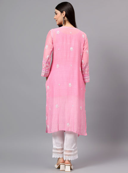 Pure Mal Chanderi Kurta embroidered  with lucknowi chikankari and beautiful Dardozi embellishment.