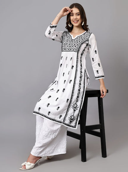 Lucknowi Nyra cut Chikankari kurti with fine fanda murri work| uses coloured thread over white camric cotton fabric| craft Lucknowi chikankari