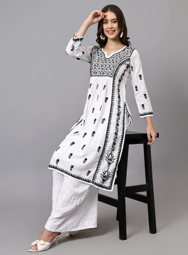 Lucknowi Nyra cut Chikankari kurti with fine fanda murri work| uses coloured thread over white camric cotton fabric| craft Lucknowi chikankari