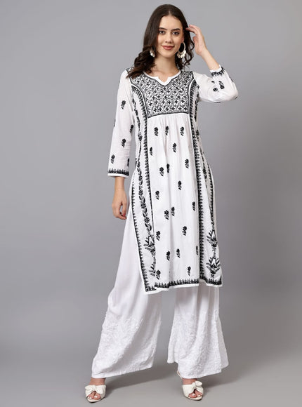 Lucknowi Nyra cut Chikankari kurti with fine fanda murri work| uses coloured thread over white camric cotton fabric| craft Lucknowi chikankari