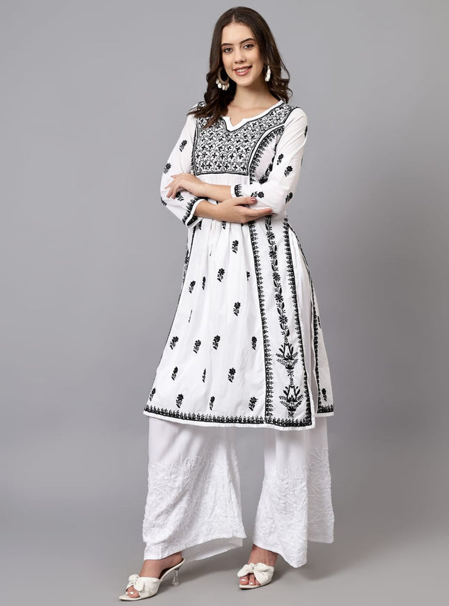 Lucknowi Nyra cut Chikankari kurti with fine fanda murri work| uses coloured thread over white camric cotton fabric| craft Lucknowi chikankari