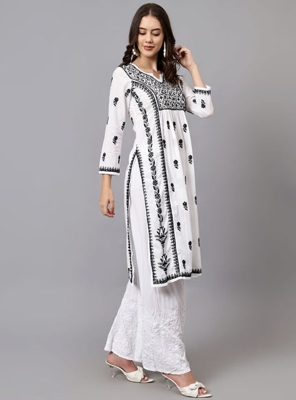 Lucknowi Nyra cut Chikankari kurti with fine fanda murri work| uses coloured thread over white camric cotton fabric| craft Lucknowi chikankari