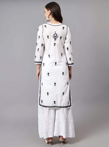 Lucknowi Nyra cut Chikankari kurti with fine fanda murri work| uses coloured thread over white camric cotton fabric| craft Lucknowi chikankari