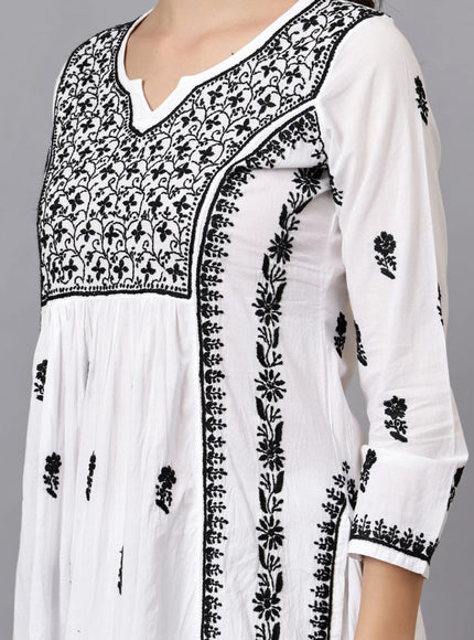 Lucknowi Nyra cut Chikankari kurti with fine fanda murri work| uses coloured thread over white camric cotton fabric| craft Lucknowi chikankari