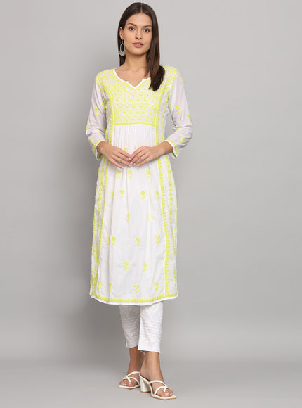 Lucknowi Nyra cut Chikankari kurti with fine fanda murri work| uses coloured thread over white camric cotton fabric| craft Lucknowi chikankari