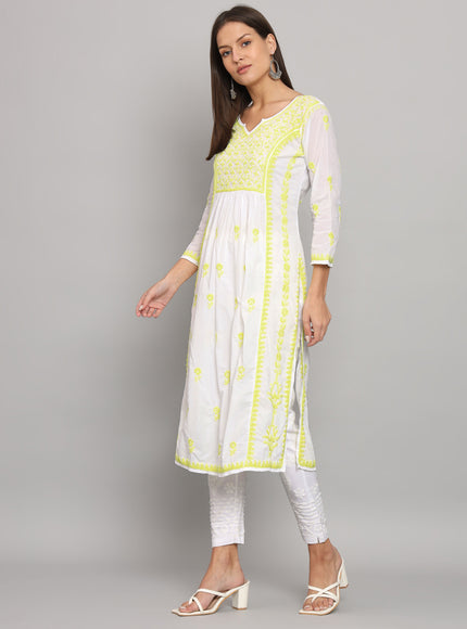 Lucknowi Nyra cut Chikankari kurti with fine fanda murri work| uses coloured thread over white camric cotton fabric| craft Lucknowi chikankari