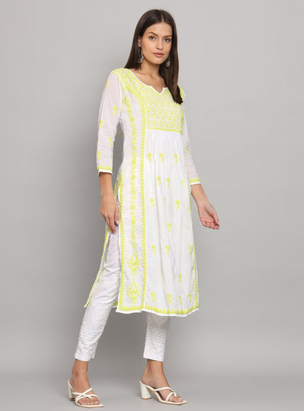 Lucknowi Nyra cut Chikankari kurti with fine fanda murri work| uses coloured thread over white camric cotton fabric| craft Lucknowi chikankari
