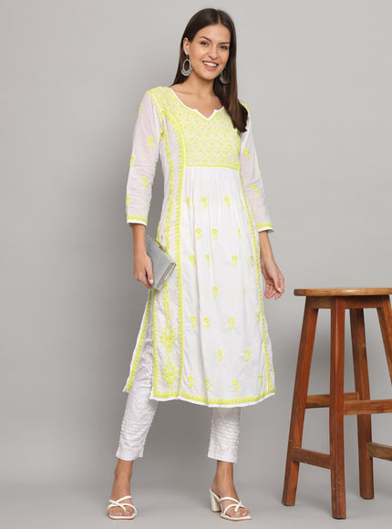 Lucknowi Nyra cut Chikankari kurti with fine fanda murri work| uses coloured thread over white camric cotton fabric| craft Lucknowi chikankari
