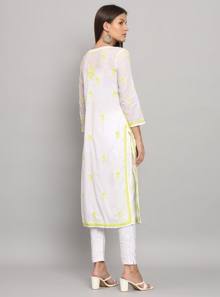 Lucknowi Nyra cut Chikankari kurti with fine fanda murri work| uses coloured thread over white camric cotton fabric| craft Lucknowi chikankari