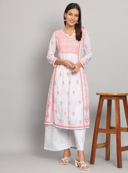 Lucknowi Nyra cut Chikankari kurti with fine fanda murri work| uses coloured thread over white camric cotton fabric| craft Lucknowi chikankari
