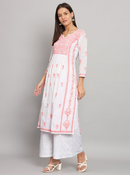 Lucknowi Nyra cut Chikankari kurti with fine fanda murri work| uses coloured thread over white camric cotton fabric| craft Lucknowi chikankari