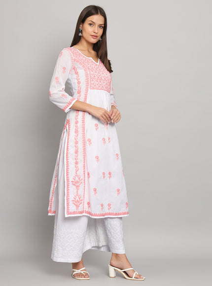 Lucknowi Nyra cut Chikankari kurti with fine fanda murri work| uses coloured thread over white camric cotton fabric| craft Lucknowi chikankari