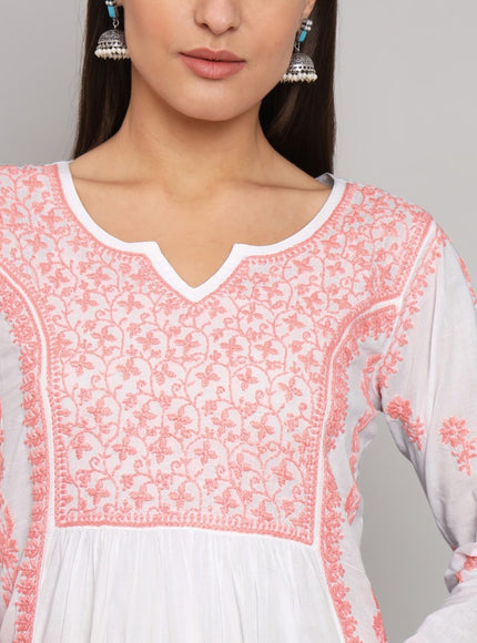 Lucknowi Nyra cut Chikankari kurti with fine fanda murri work| uses coloured thread over white camric cotton fabric| craft Lucknowi chikankari