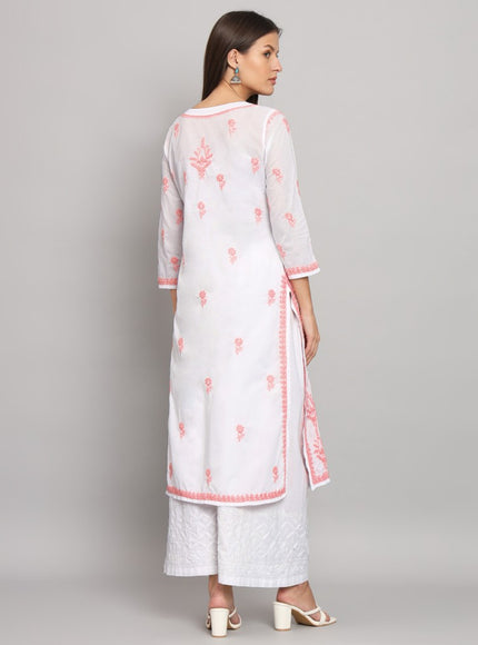 Lucknowi Nyra cut Chikankari kurti with fine fanda murri work| uses coloured thread over white camric cotton fabric| craft Lucknowi chikankari