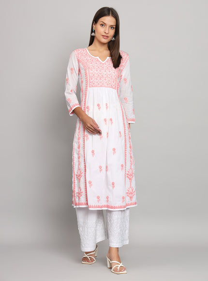 Lucknowi Nyra cut Chikankari kurti with fine fanda murri work| uses coloured thread over white camric cotton fabric| craft Lucknowi chikankari