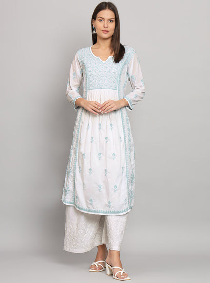 Lucknowi Nyra cut Chikankari kurti with fine fanda murri work| uses coloured thread over white camric cotton fabric| craft Lucknowi chikankari