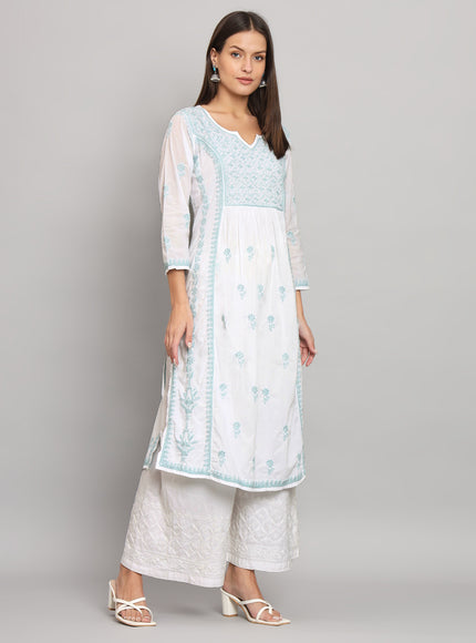 Lucknowi Nyra cut Chikankari kurti with fine fanda murri work| uses coloured thread over white camric cotton fabric| craft Lucknowi chikankari