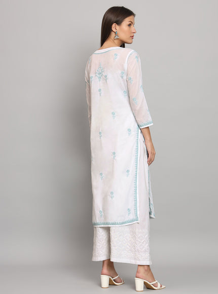 Lucknowi Nyra cut Chikankari kurti with fine fanda murri work| uses coloured thread over white camric cotton fabric| craft Lucknowi chikankari