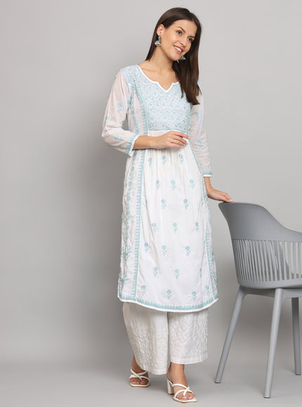 Lucknowi Nyra cut Chikankari kurti with fine fanda murri work| uses coloured thread over white camric cotton fabric| craft Lucknowi chikankari