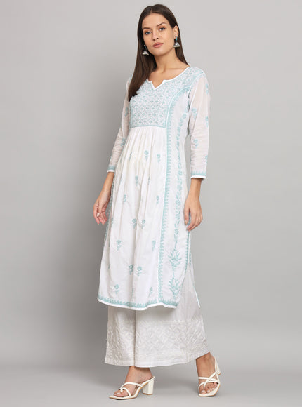 Lucknowi Nyra cut Chikankari kurti with fine fanda murri work| uses coloured thread over white camric cotton fabric| craft Lucknowi chikankari