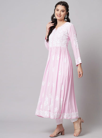 Librose heavy work Pink gown lucknow Chikankari embroidered| Lucknowi craft| Reyon gown