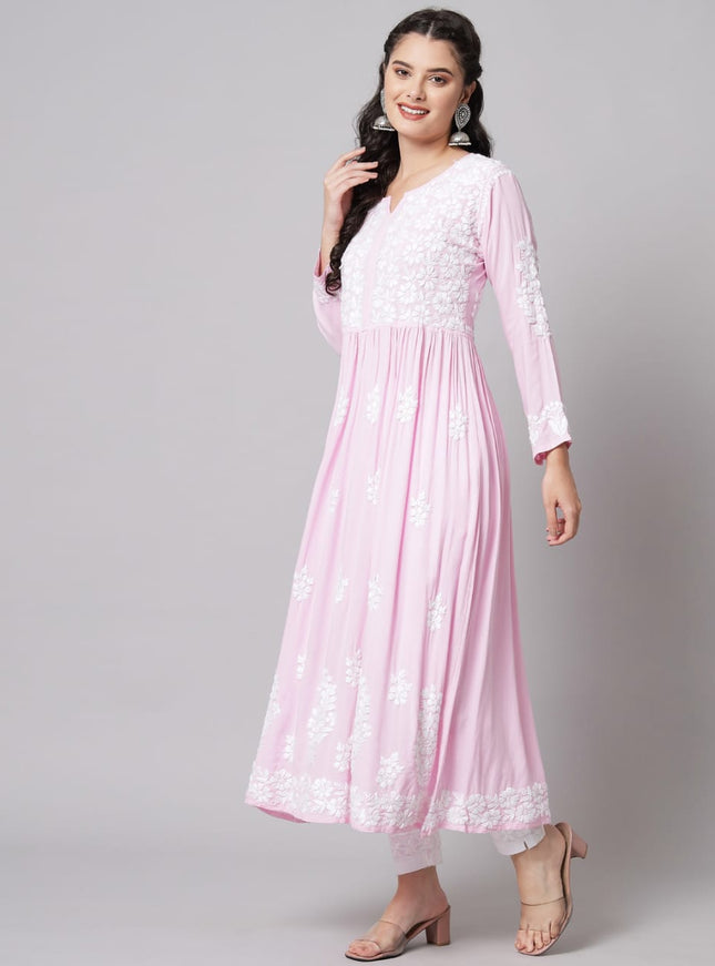 Librose heavy work Pink gown lucknow Chikankari embroidered| Lucknowi craft| Reyon gown