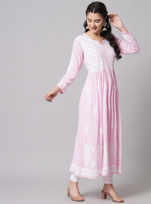 Librose heavy work Pink gown lucknow Chikankari embroidered| Lucknowi craft| Reyon gown