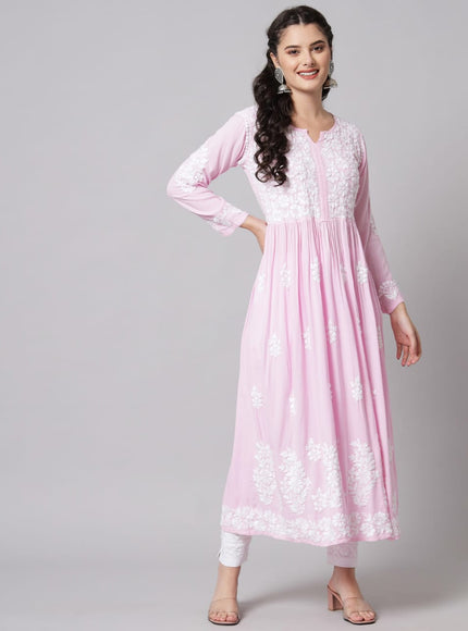 Librose heavy work Pink gown lucknow Chikankari embroidered| Lucknowi craft| Reyon gown