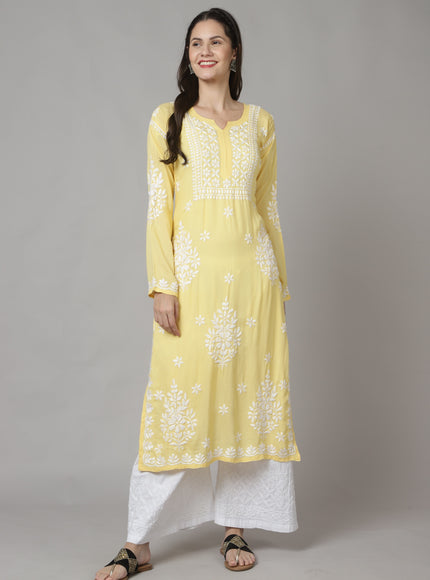 Librose Lucknowi Chikankari Modal kurta for women ( Lemon Yellow )