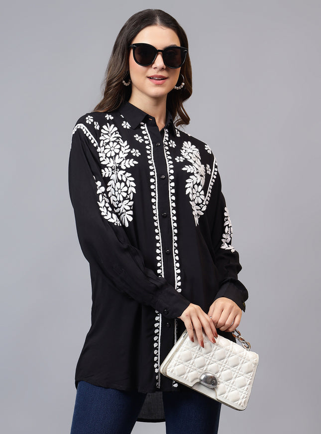 Librose Lucknowi Chikankari Indowestern look modal shirt for women