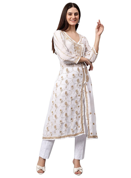 Librose Lucknowi Chikankari Premium Muslin Angrakha Kurta for women, Girls and ladies