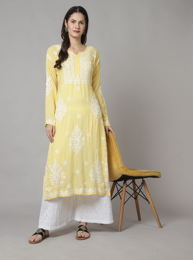 Librose Lucknowi Chikankari Modal kurta for women ( Lemon Yellow )