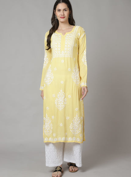 Librose Lucknowi Chikankari Modal kurta for women ( Lemon Yellow )