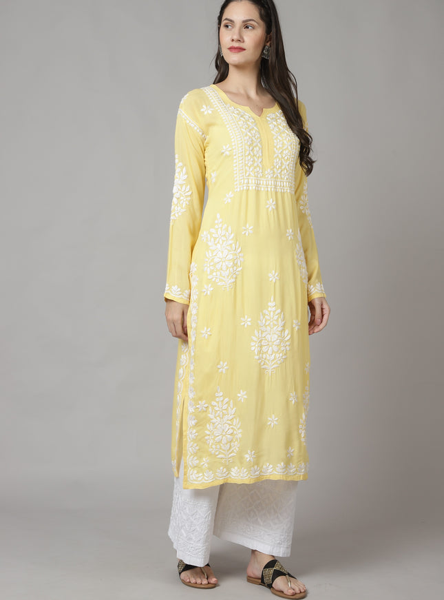 Librose Lucknowi Chikankari Modal kurta for women ( Lemon Yellow )