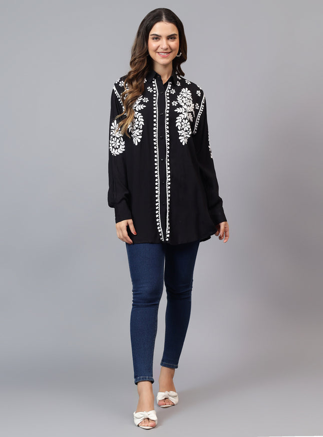 Librose Lucknowi Chikankari Indowestern look modal shirt for women