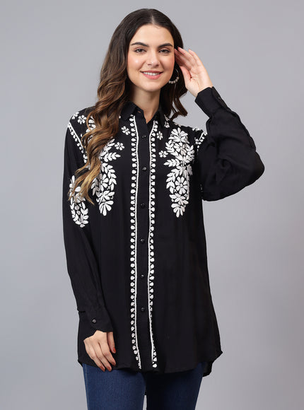 Librose Lucknowi Chikankari Indowestern look modal shirt for women