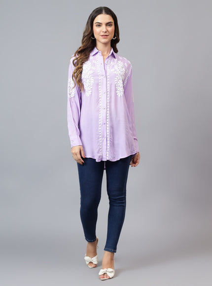 Librose Lucknowi Chikankari Indowestern look modal shirt for women