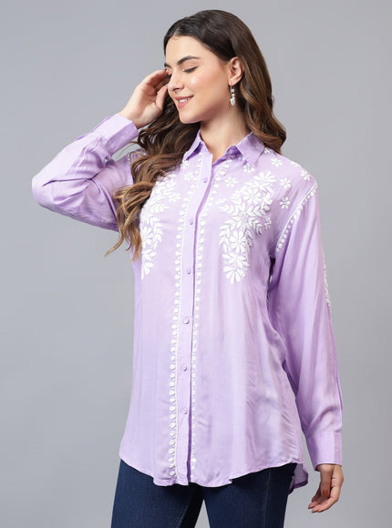 Librose Lucknowi Chikankari Indowestern look modal shirt for women
