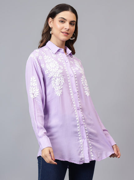 Librose Lucknowi Chikankari Indowestern look modal shirt for women